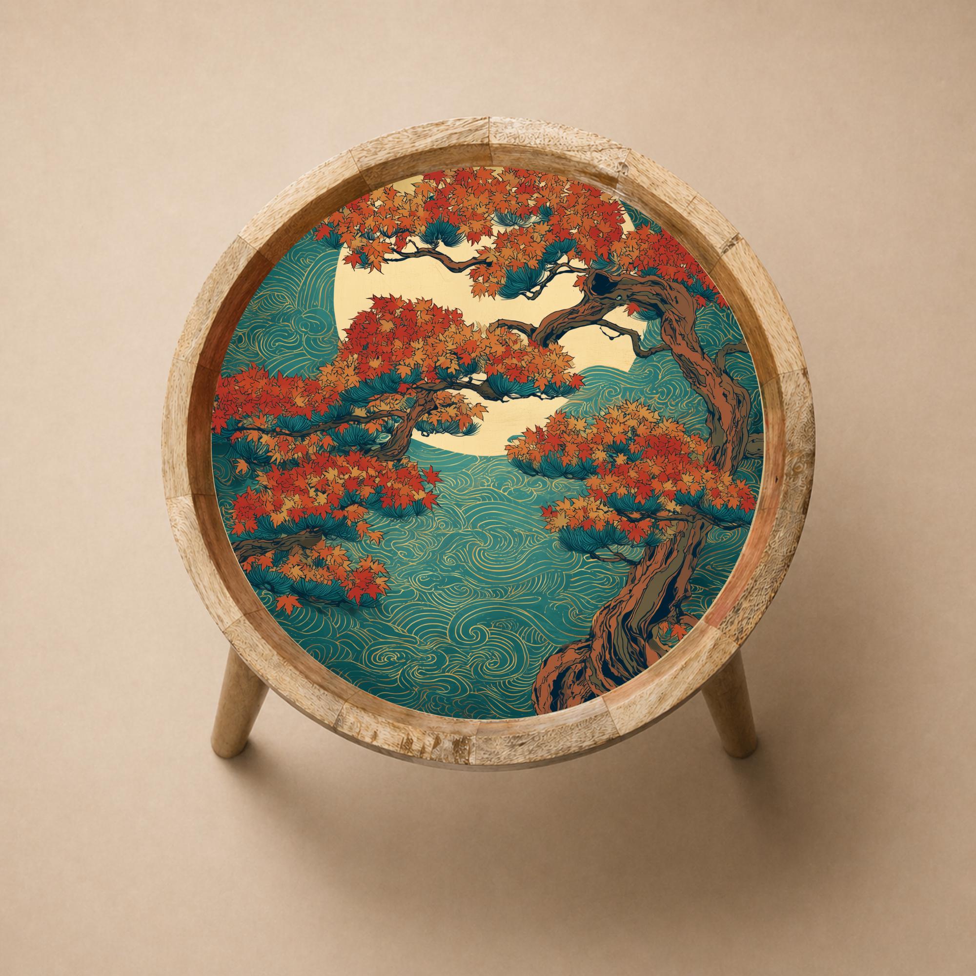 Handmade Mango Wood Side Table | Autumn Tree Japanese Nature Print Accent Furniture