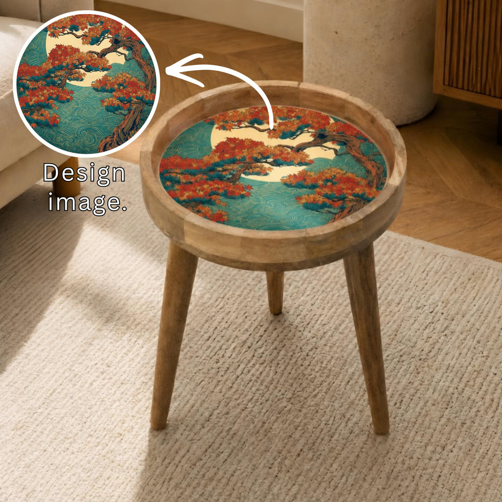 Handmade Mango Wood Side Table | Autumn Tree Japanese Nature Print Accent Furniture