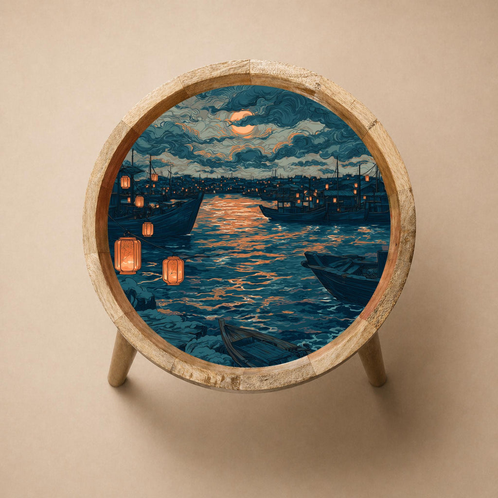 Mango Wood Side Table | Moonlight Harbor Print, Coastal Night Accent Furniture
