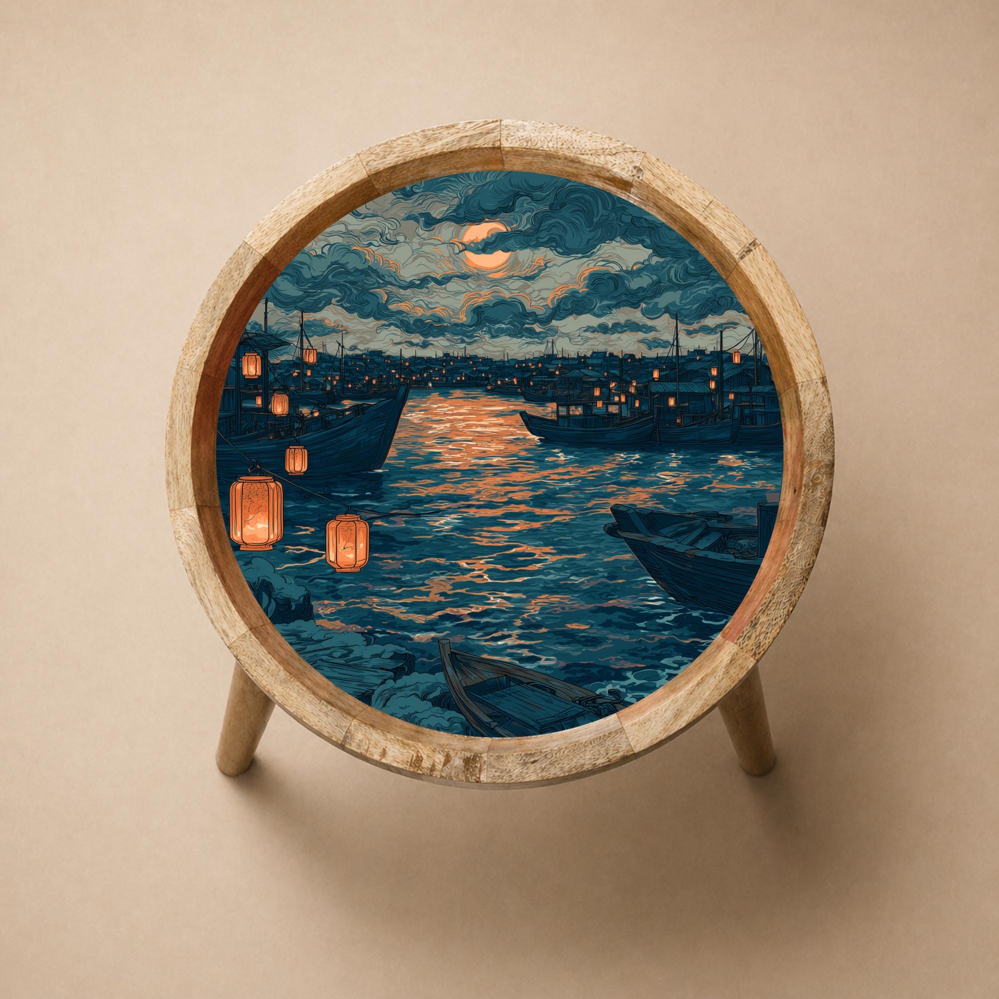 Mango Wood Side Table | Moonlight Harbor Print, Coastal Night Accent Furniture