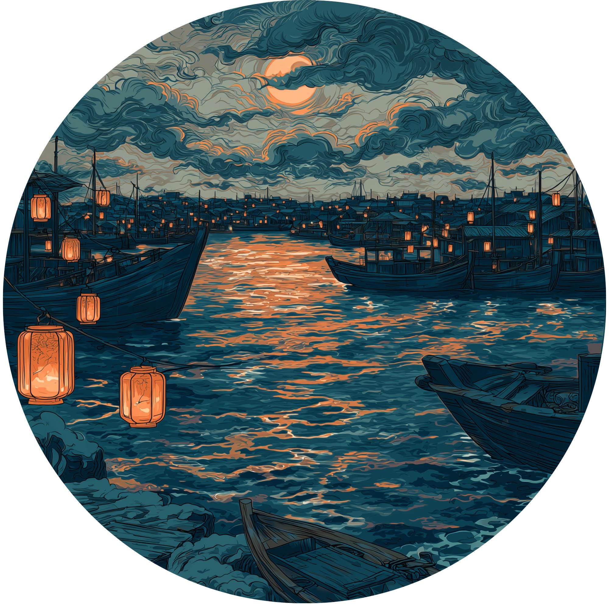 Mango Wood Side Table | Moonlight Harbor Print, Coastal Night Accent Furniture