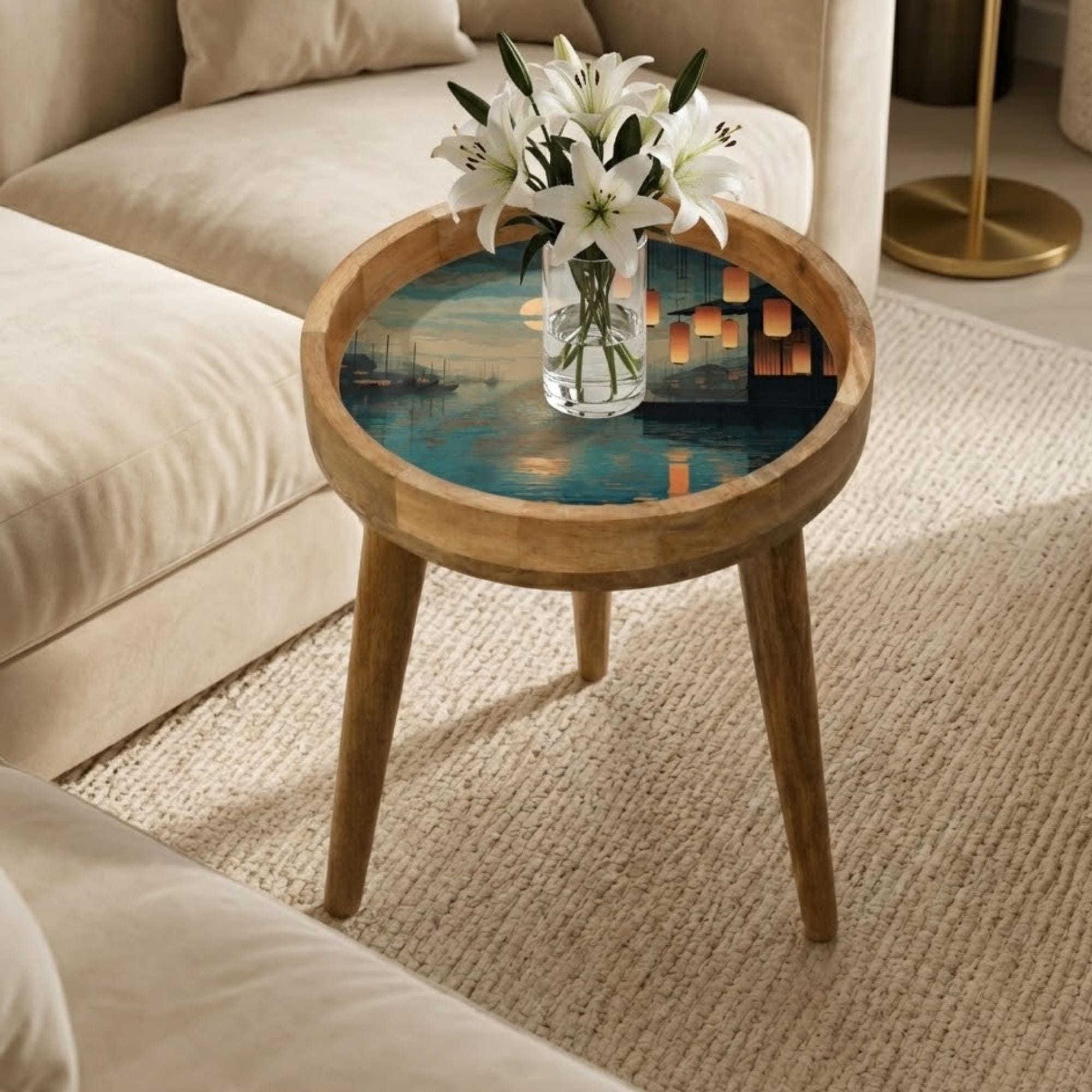 Japanese Lantern Harbor Mango Wood Side Table | Handmade Coastal Accent Furniture