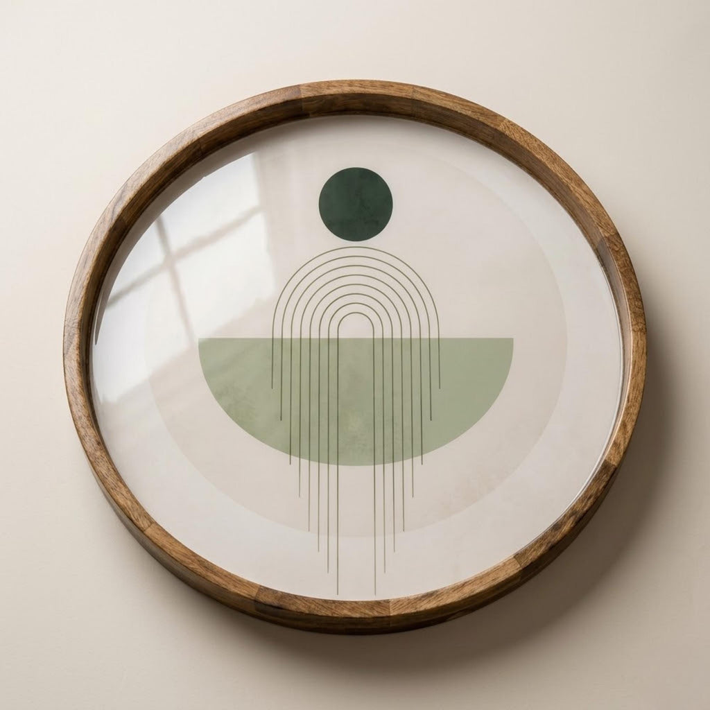 Handcrafted Mango Wood Serving Tray | Sage Green Abstract Print Ottoman Decor