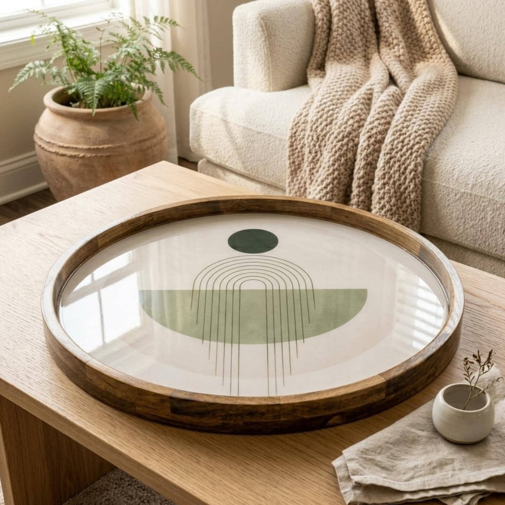 Handcrafted Mango Wood Serving Tray | Sage Green Abstract Print Ottoman Decor
