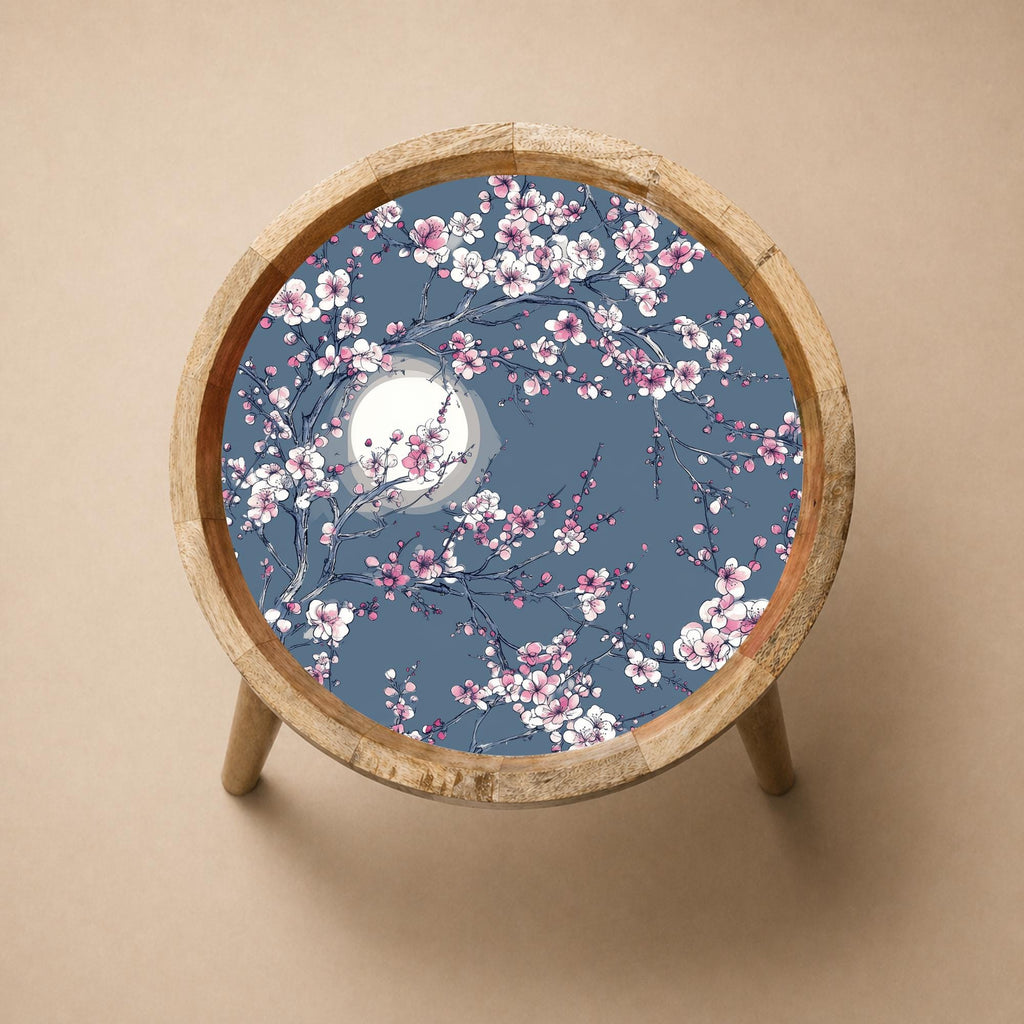 Cherry Blossom Moon Mango Wood Side Table | Handmade Japanese Floral Nightstand