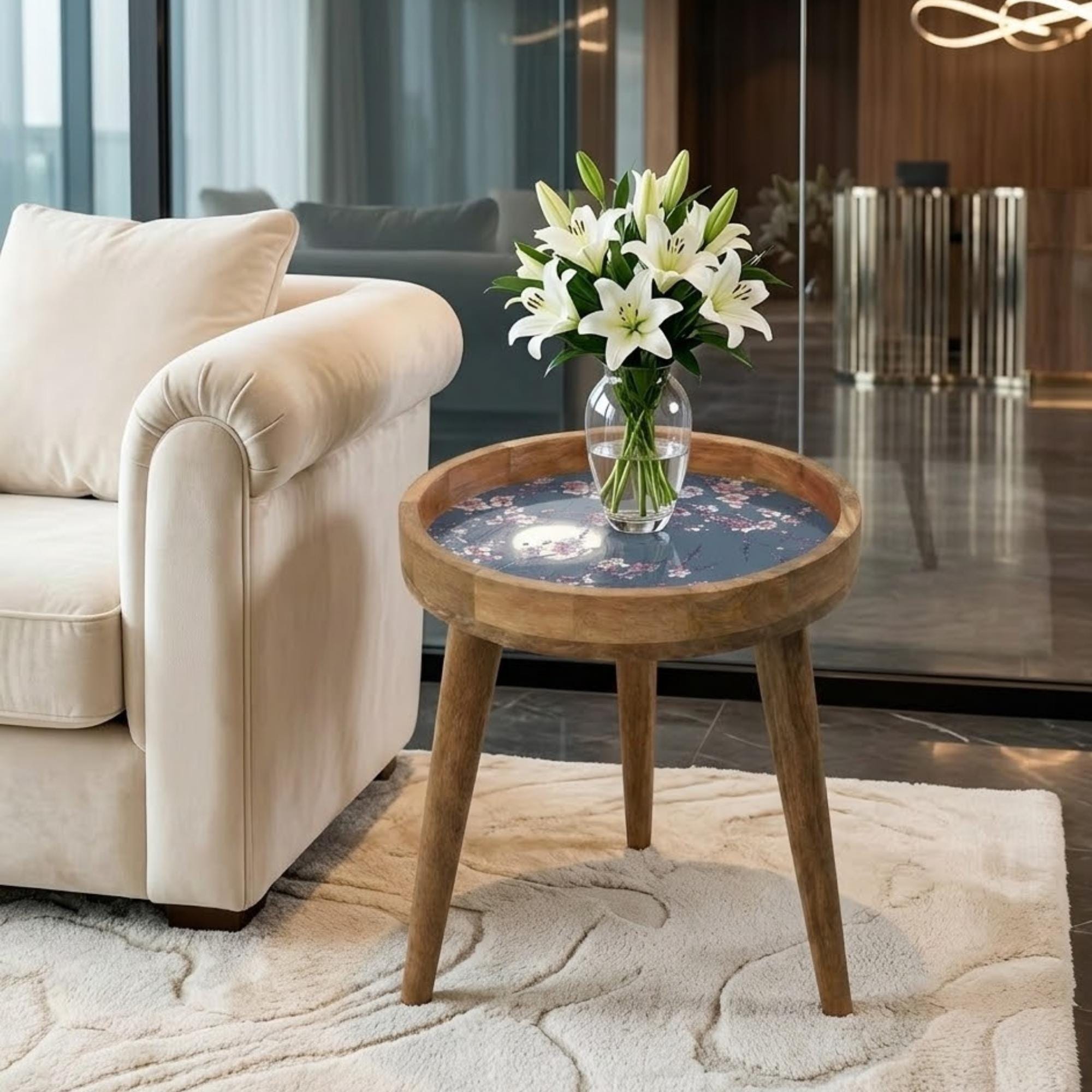 Cherry Blossom Moon Mango Wood Side Table | Handmade Japanese Floral Nightstand