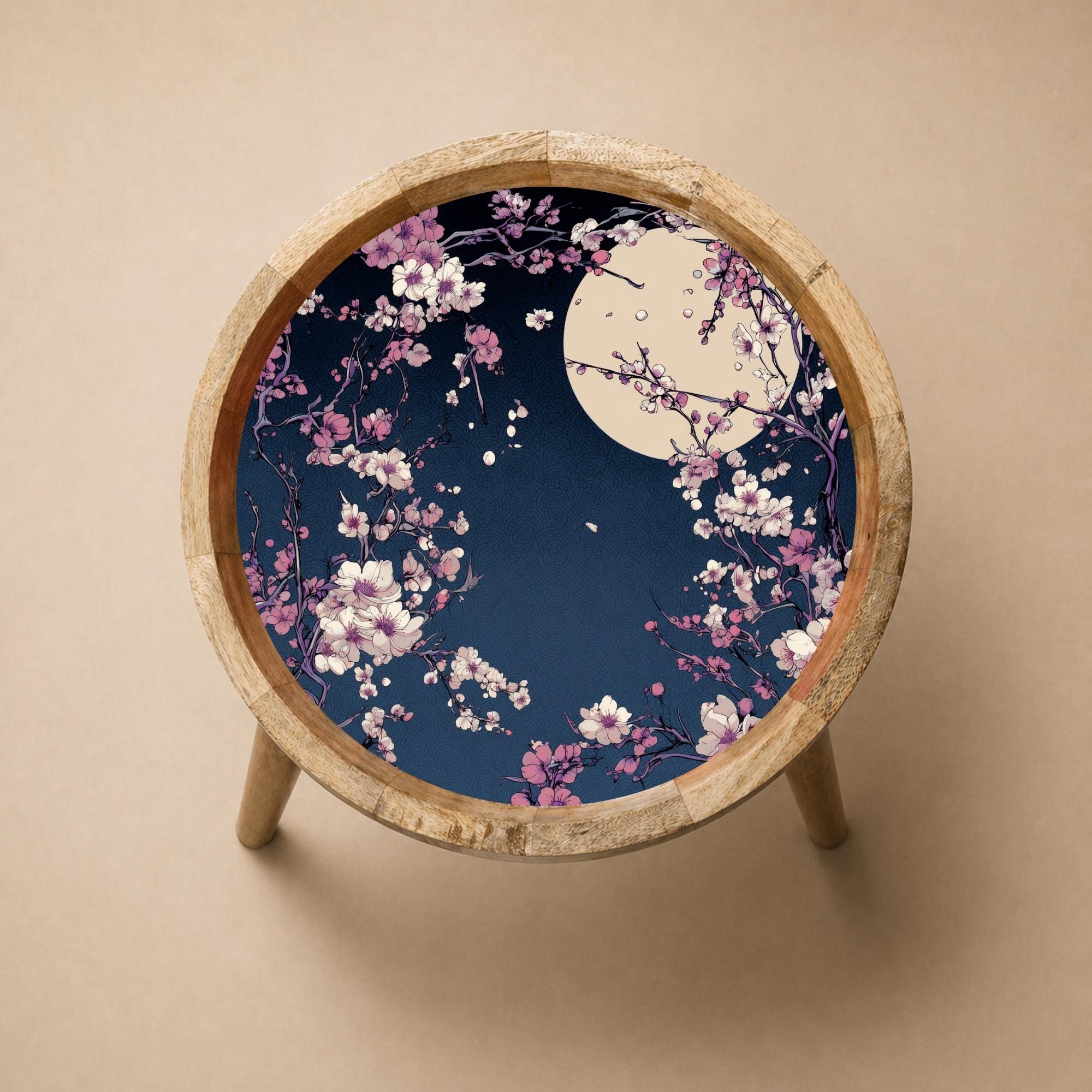Moonlit Sakura Mango Wood Side Table | Handmade Japanese Floral Nightstand Furniture
