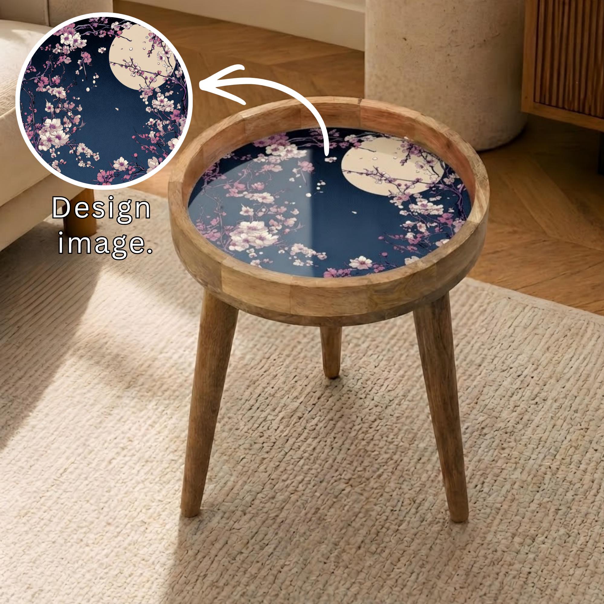 Moonlit Sakura Mango Wood Side Table | Handmade Japanese Floral Nightstand Furniture