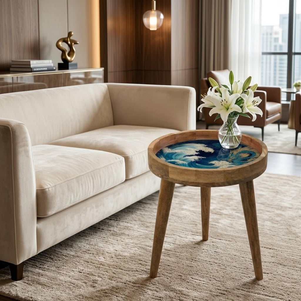 Japanese Dragon Wave Mango Wood Side Table | Handmade Ocean Accent Furniture