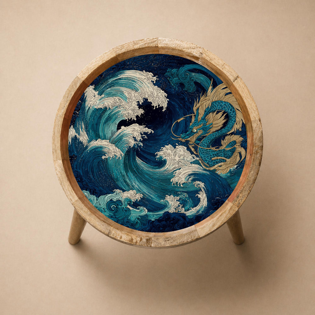 Japanese Dragon Wave Mango Wood Side Table | Handmade Ocean Accent Furniture