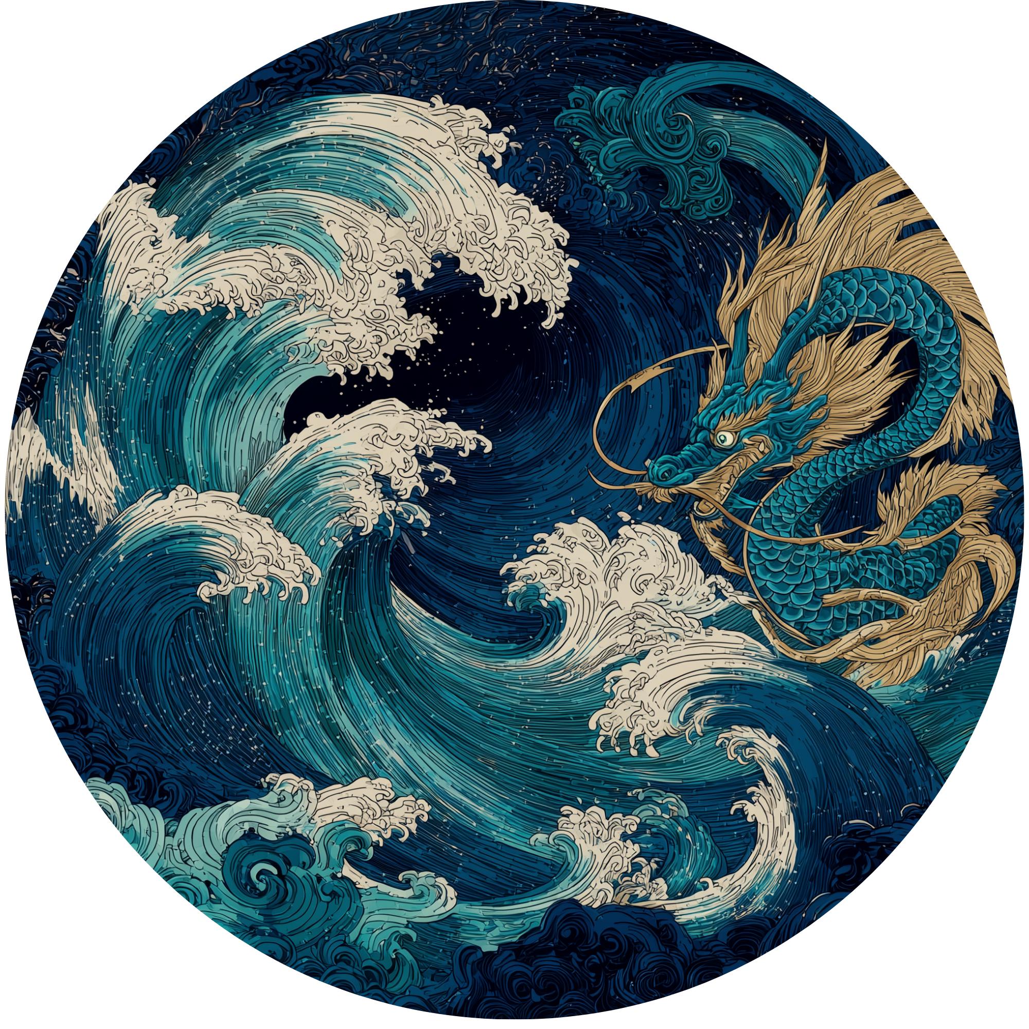 Japanese Dragon Wave Mango Wood Side Table | Handmade Ocean Accent Furniture
