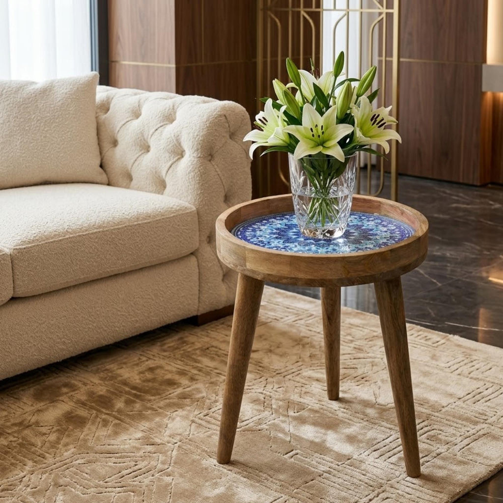 Blue Mandala Mango Wood Side Table | Handmade Boho Moroccan Accent Furniture