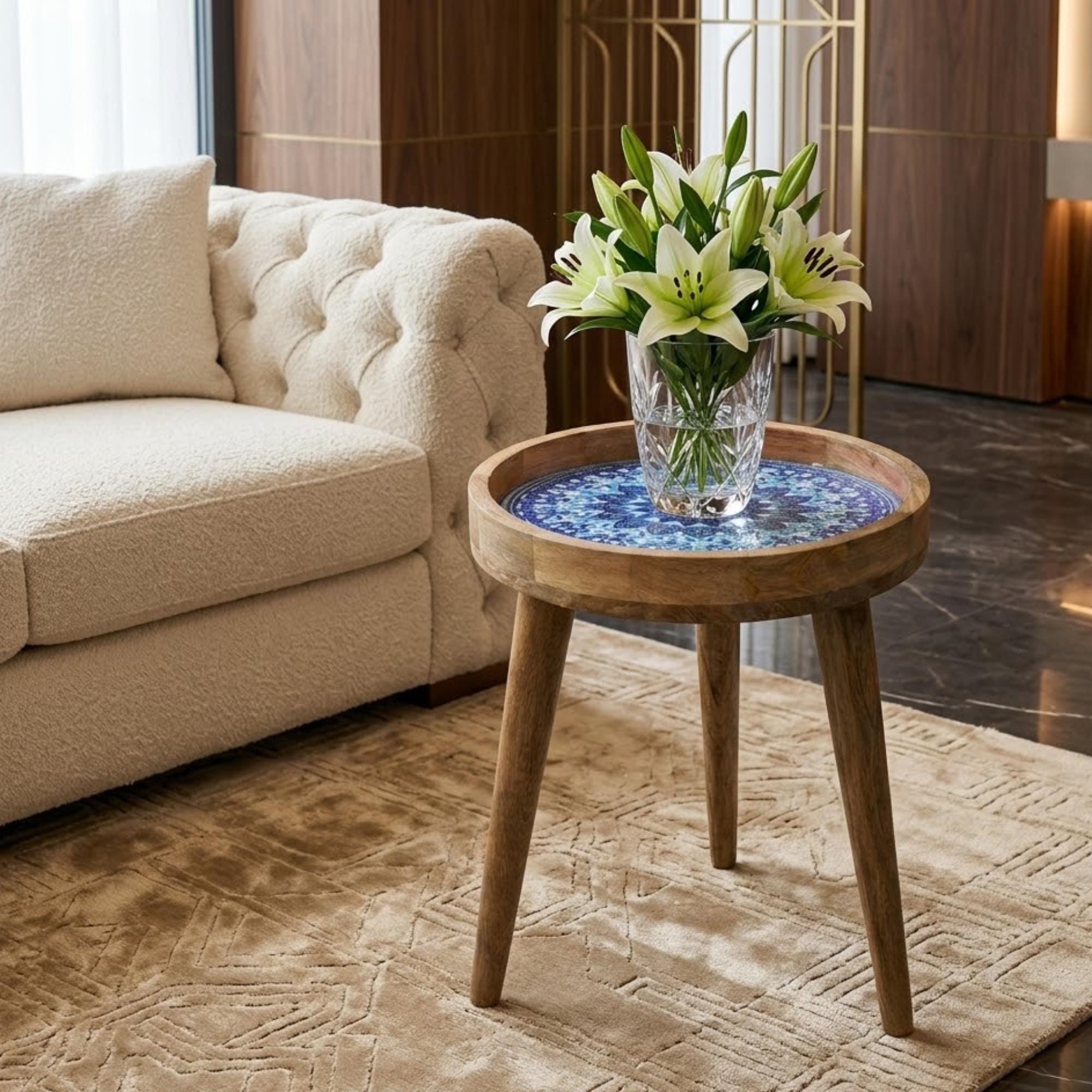 Blue Mandala Mango Wood Side Table | Handmade Boho Moroccan Accent Furniture