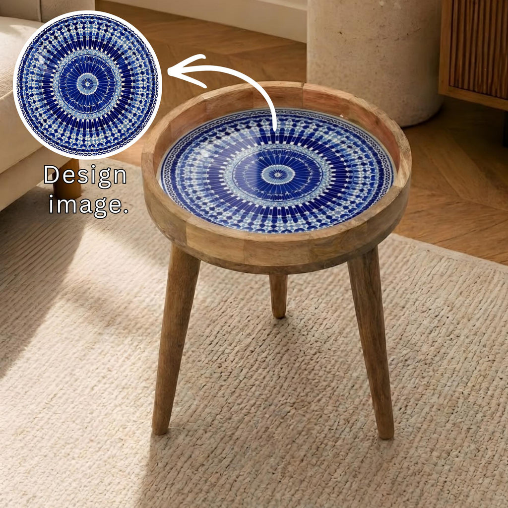 Blue Moroccan Mandala Side Table | Handmade Mango Wood Boho Accent Furniture