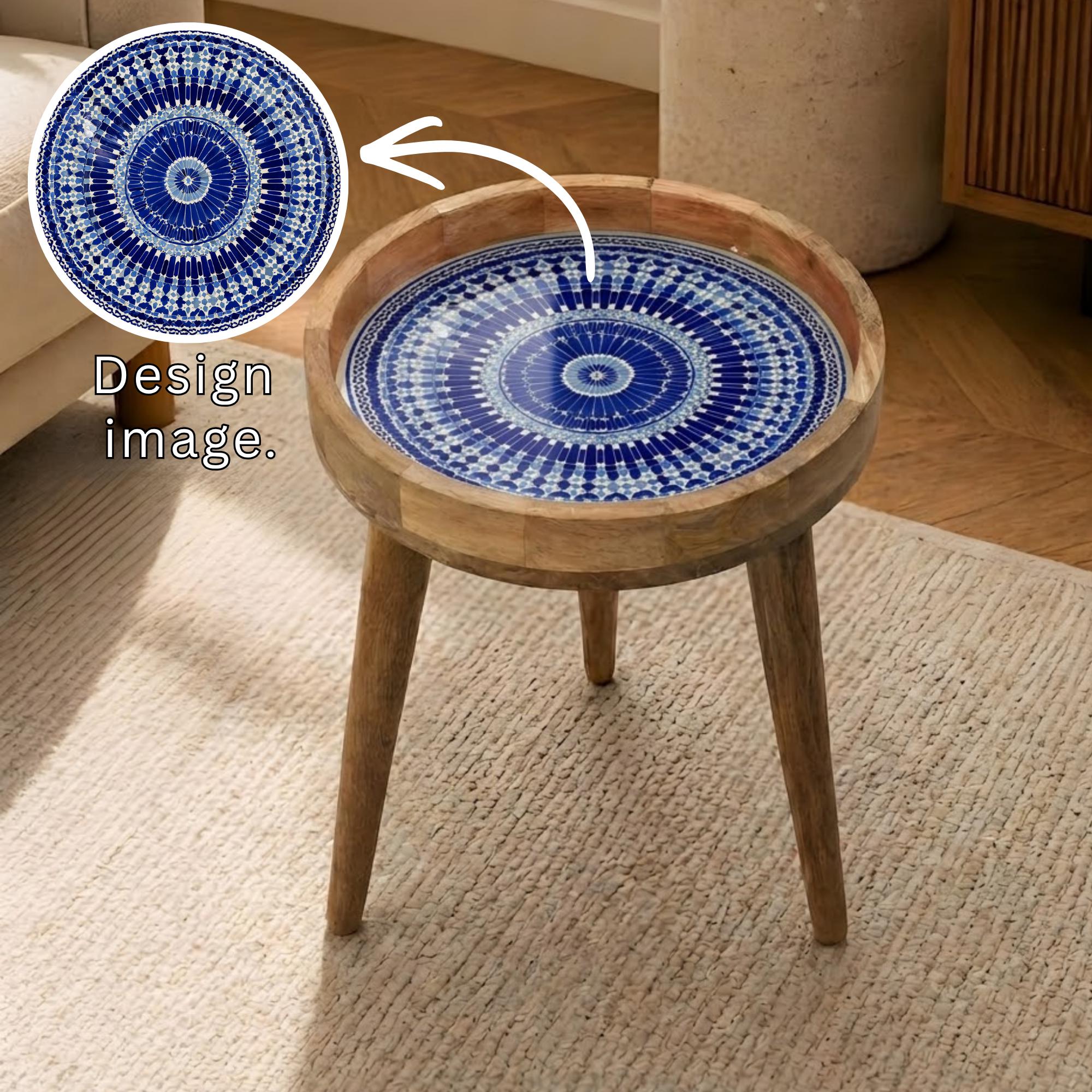 Blue Moroccan Mandala Side Table | Handmade Mango Wood Boho Accent Furniture