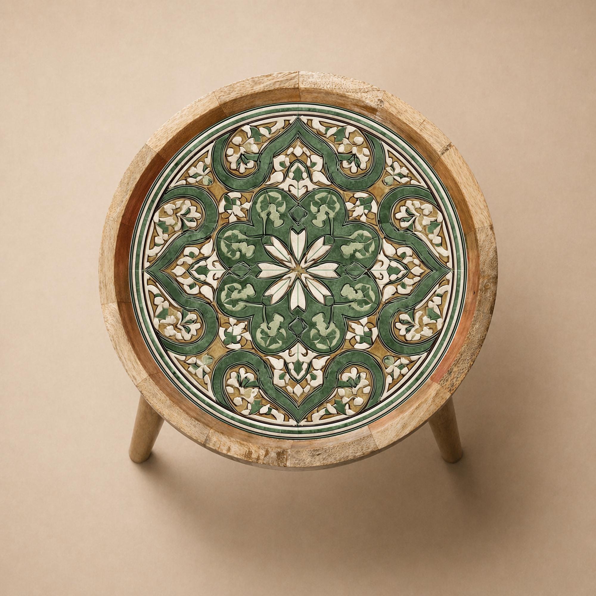 Green Moroccan Printed Mango Wood Side Table | Handmade Mosaic Boho Accent Furniture