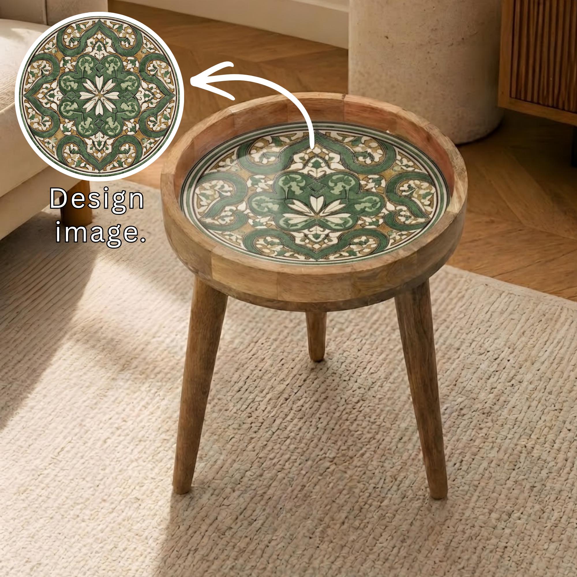 Green Moroccan Printed Mango Wood Side Table | Handmade Mosaic Boho Accent Furniture