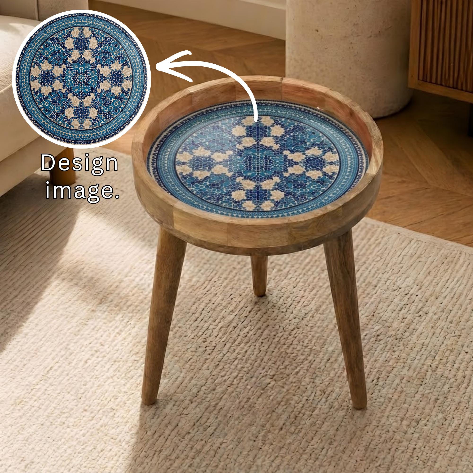 Handmade Mango Wood Side Table | Blue Moroccan Mosaic Print, Boho Accent Furniture