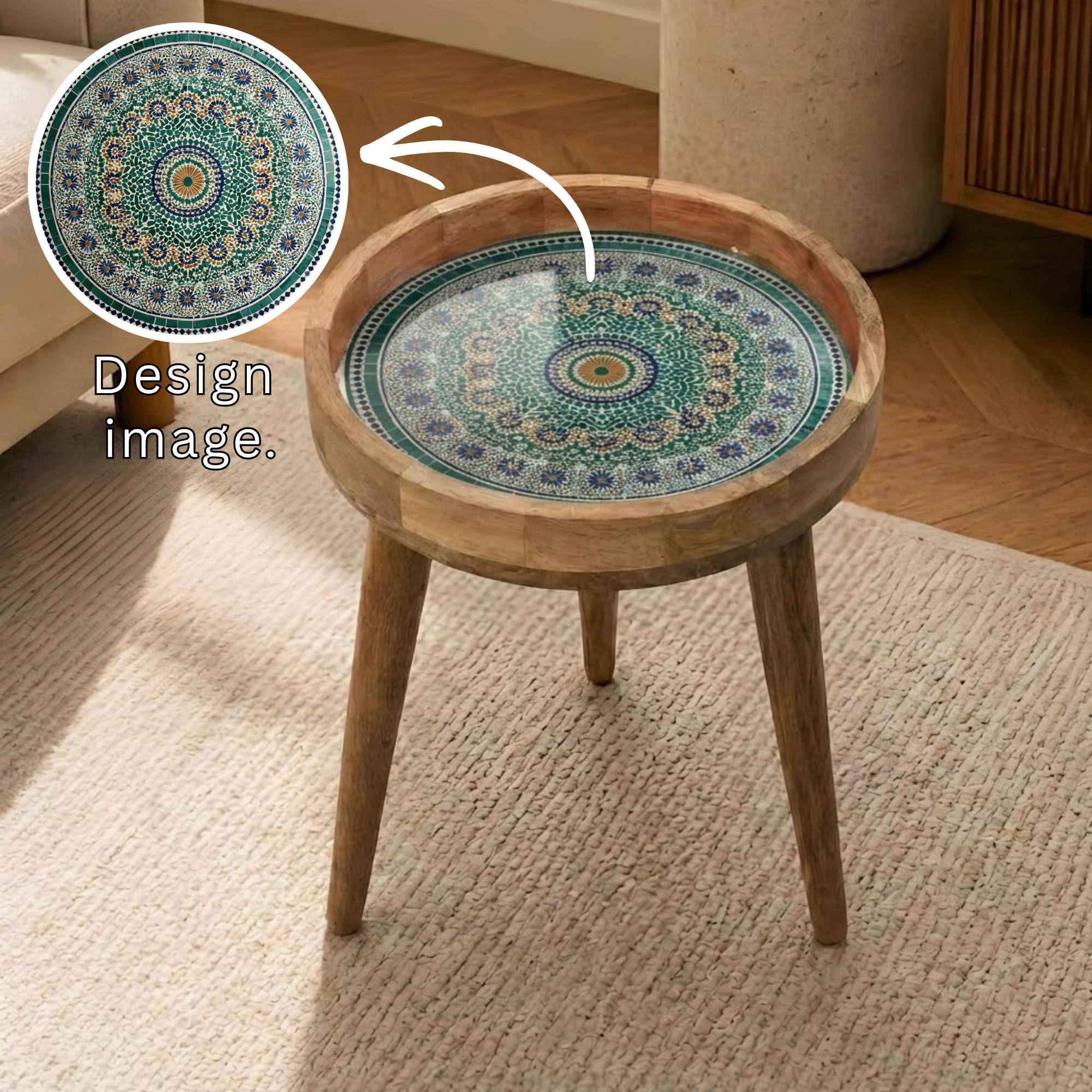 Green Moroccan Mango Wood Side Table | Handmade Mosaic Mandala Accent Furniture