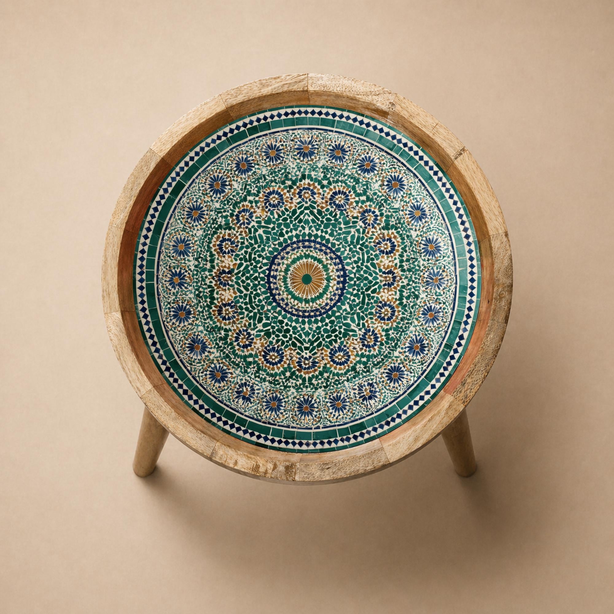Green Moroccan Mango Wood Side Table | Handmade Mosaic Mandala Accent Furniture