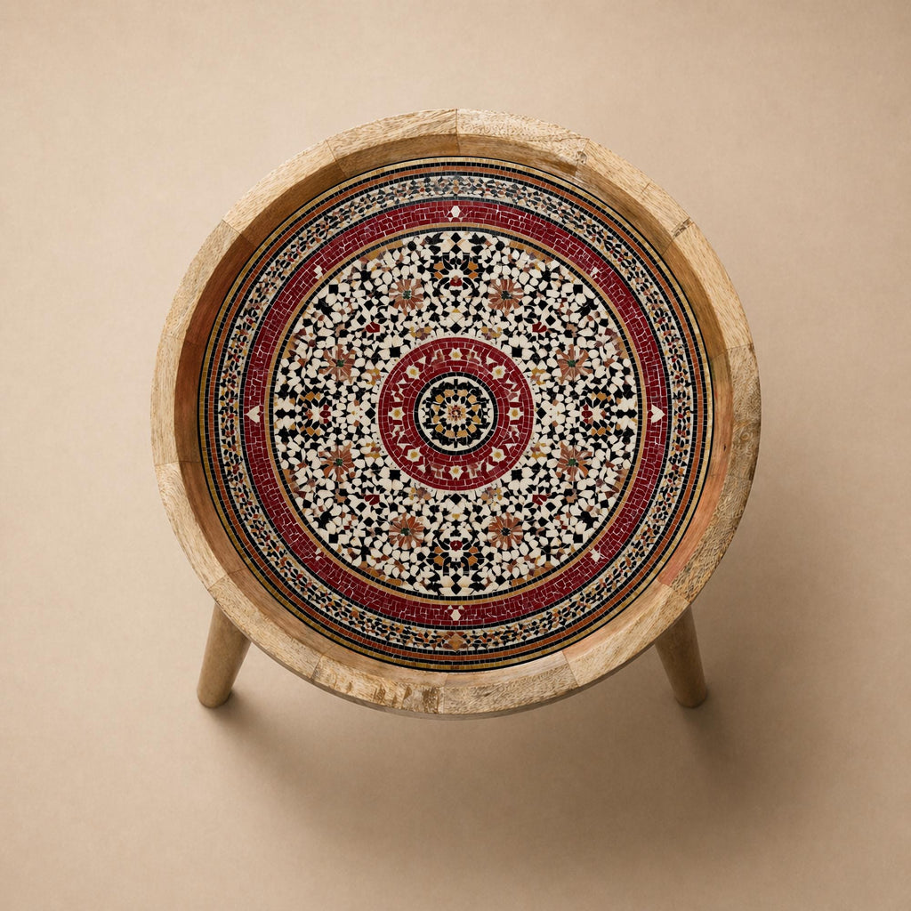 Red Moroccan Mango Wood Side Table | Handmade Mosaic Mandala Accent Furniture
