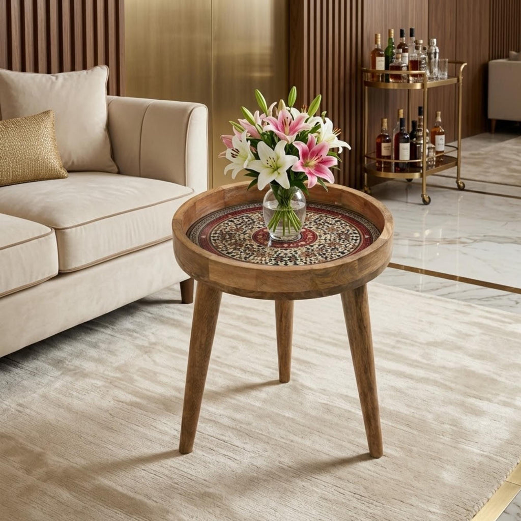 Red Moroccan Mango Wood Side Table | Handmade Mosaic Mandala Accent Furniture