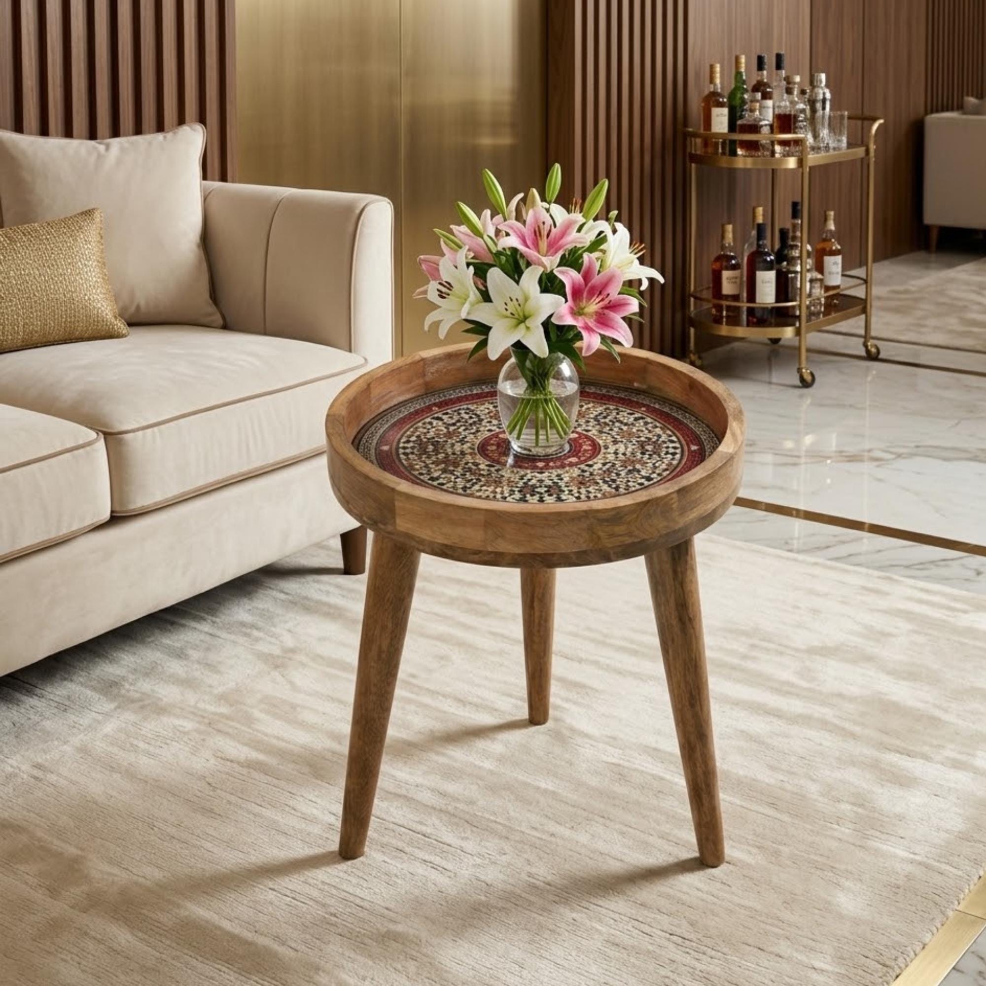 Red Moroccan Mango Wood Side Table | Handmade Mosaic Mandala Accent Furniture