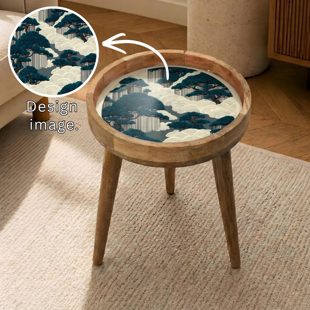 Handmade Mango Wood Side Table | Japanese Forest Print, Boho Accent Furniture