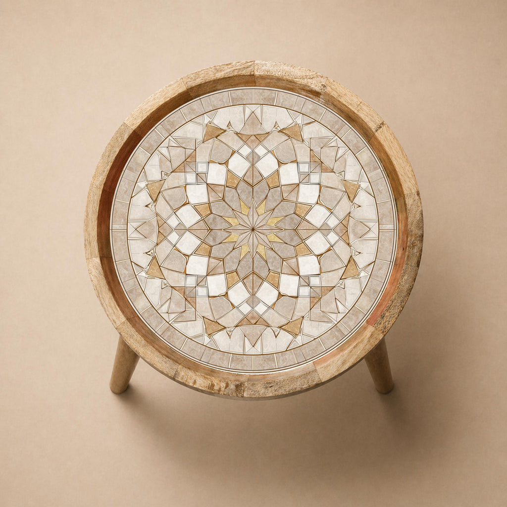 Handmade Mango Wood Side Table | Neutral Moroccan Geometric Print Boho Decor