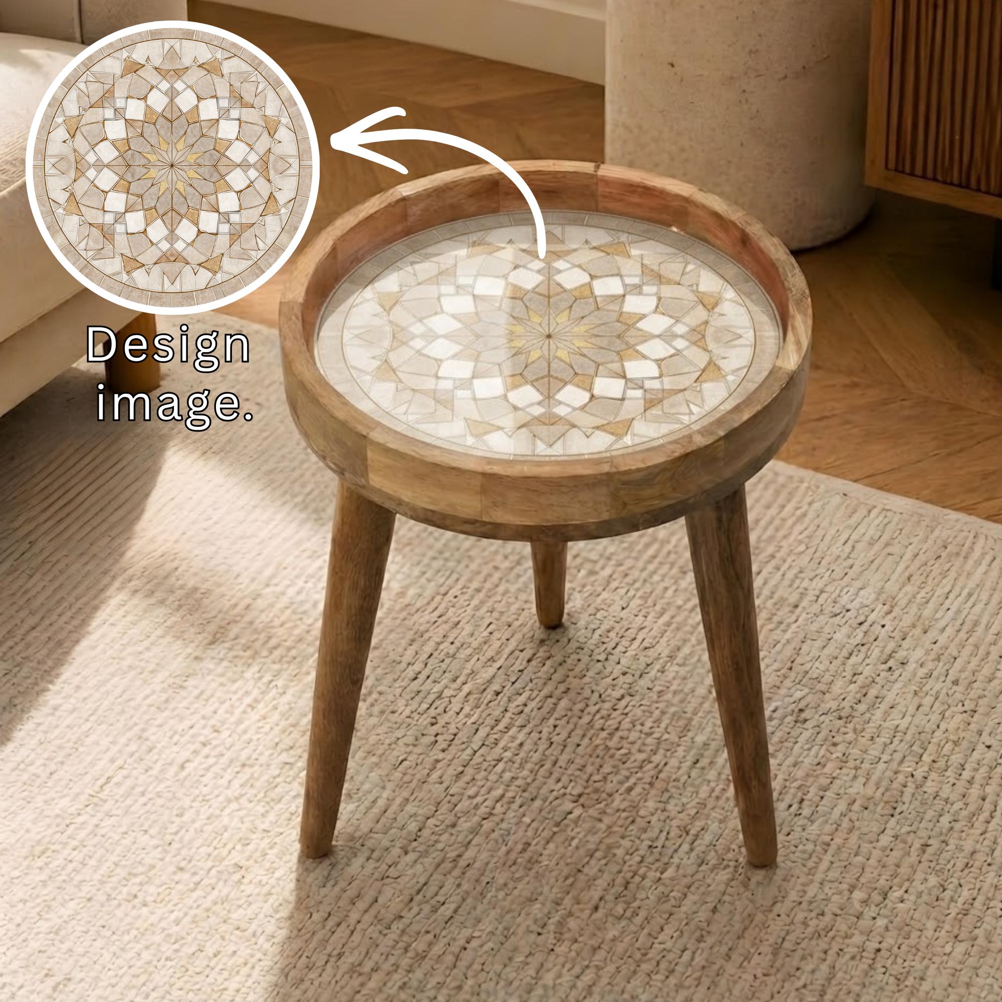 Handmade Mango Wood Side Table | Neutral Moroccan Geometric Print Boho Decor