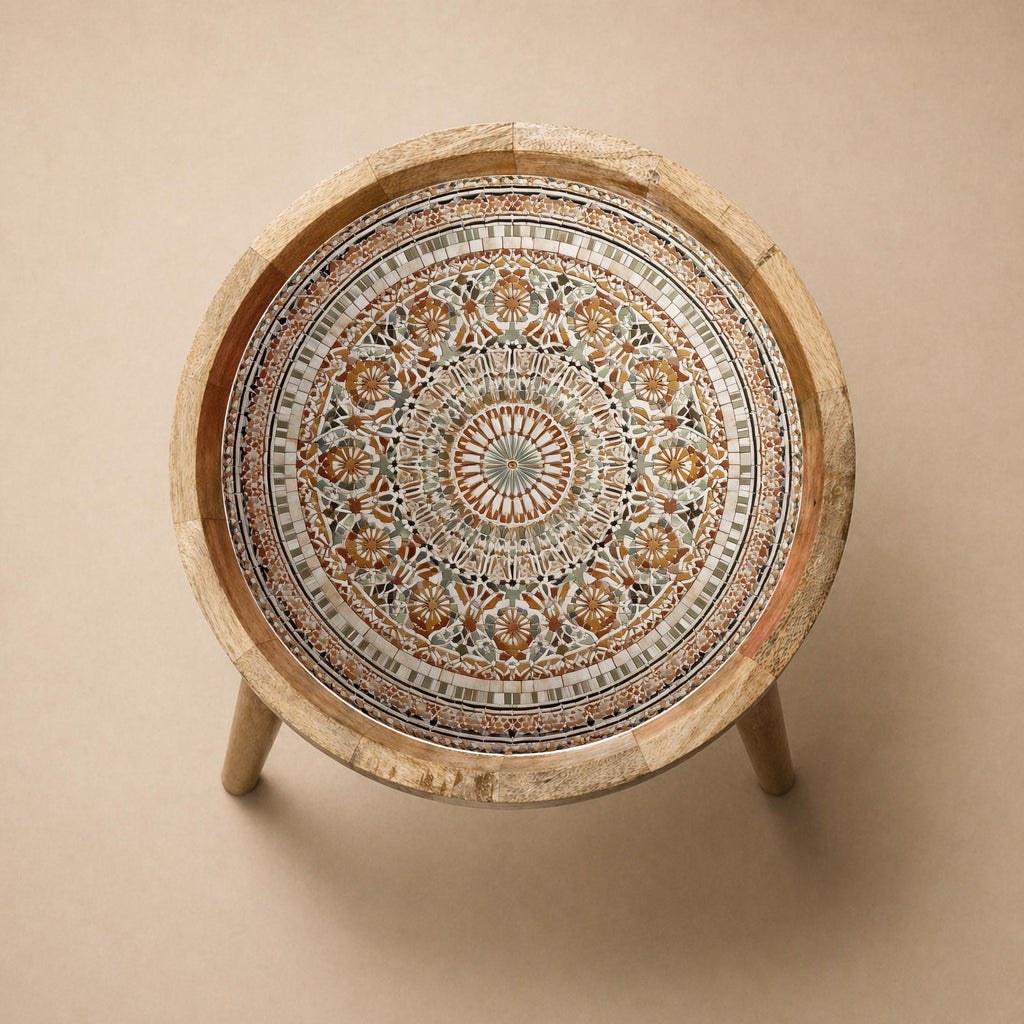 Handmade Mango Wood Side Table | Moroccan Mandala Print, Boho Rustic Accent Furniture