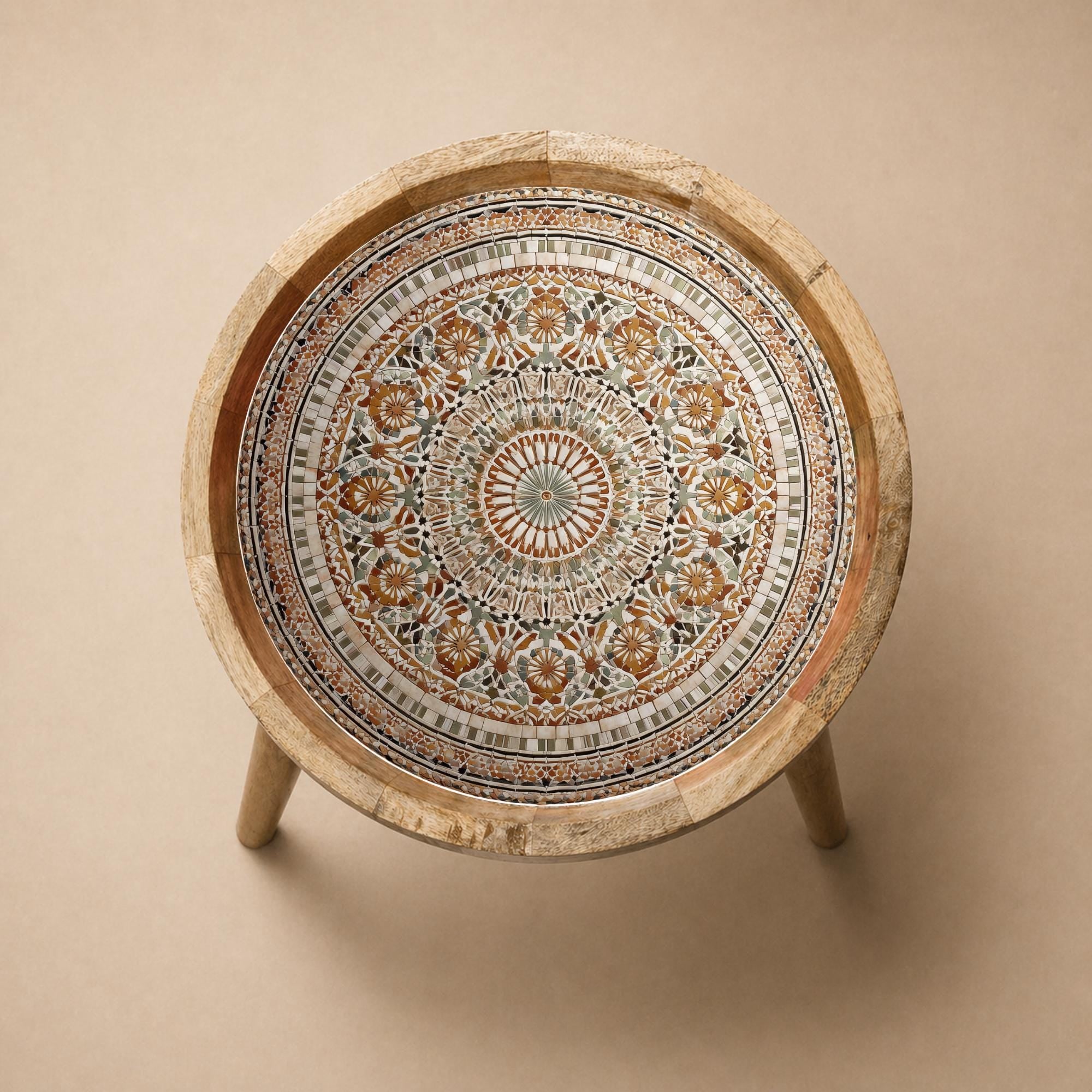 Handmade Mango Wood Side Table | Moroccan Mandala Print, Boho Rustic Accent Furniture