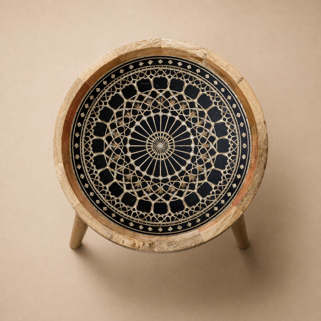 Handmade Mango Wood Side Table | Black Moroccan Mandala Boho Accent Furniture