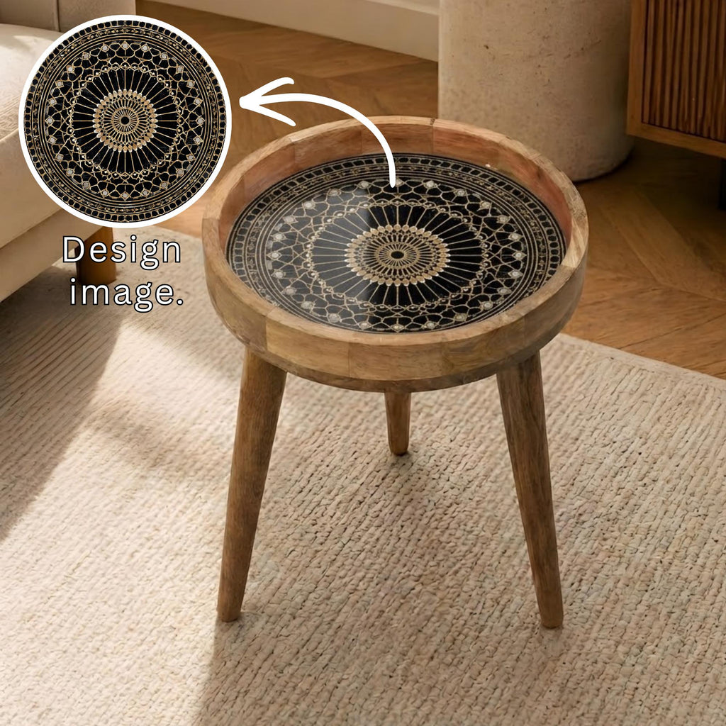 Black Gold Mandala Mango Wood Side Table | Moroccan Boho Accent Furniture
