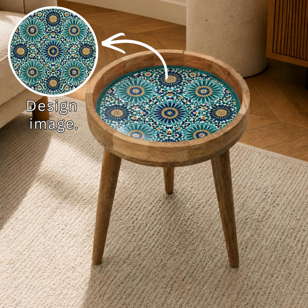 Handmade Turquoise Moroccan Mango Wood Side Table | Boho Mosaic Accent Furniture
