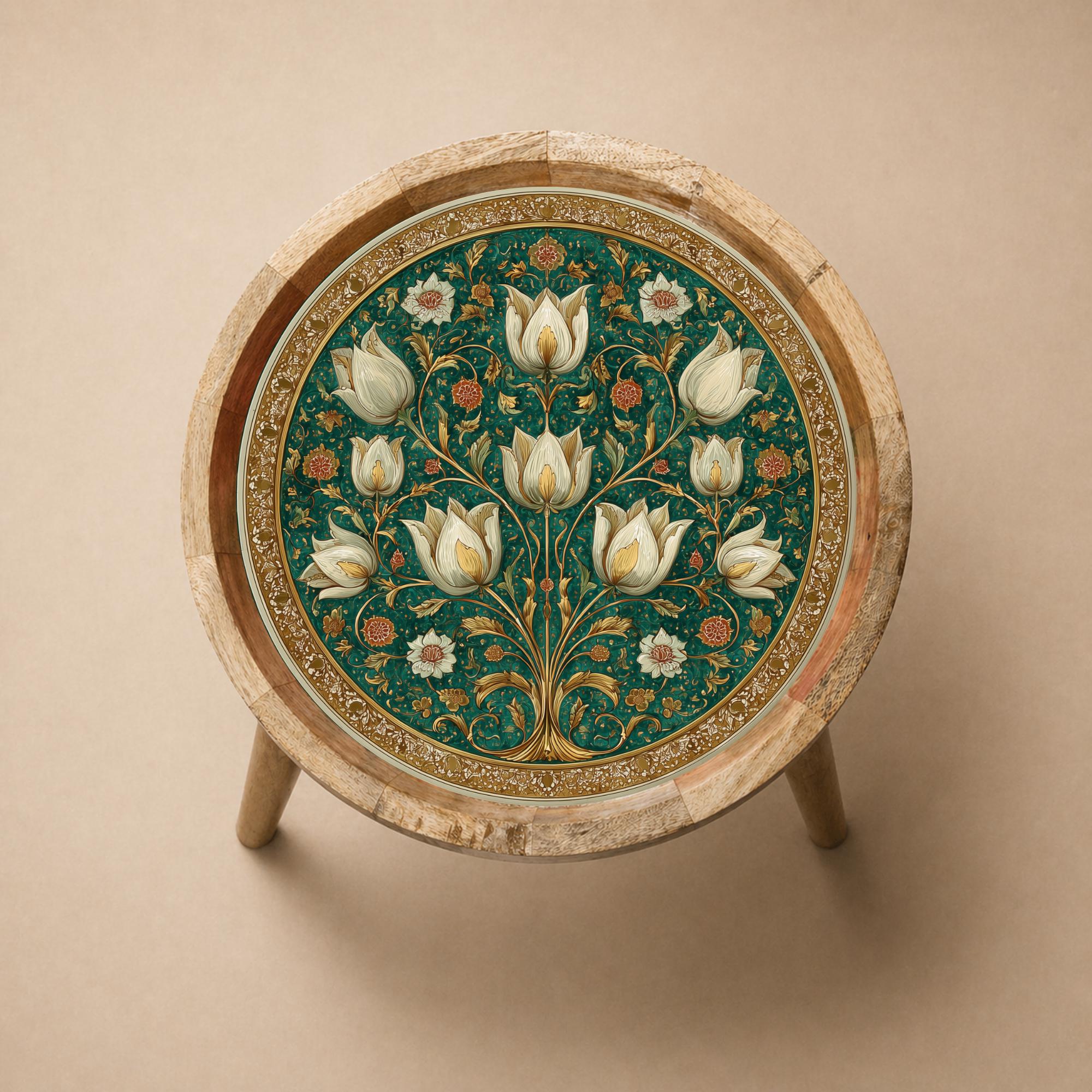 Handmade Mango Wood Side Table | Lotus Floral Botanical Accent Furniture