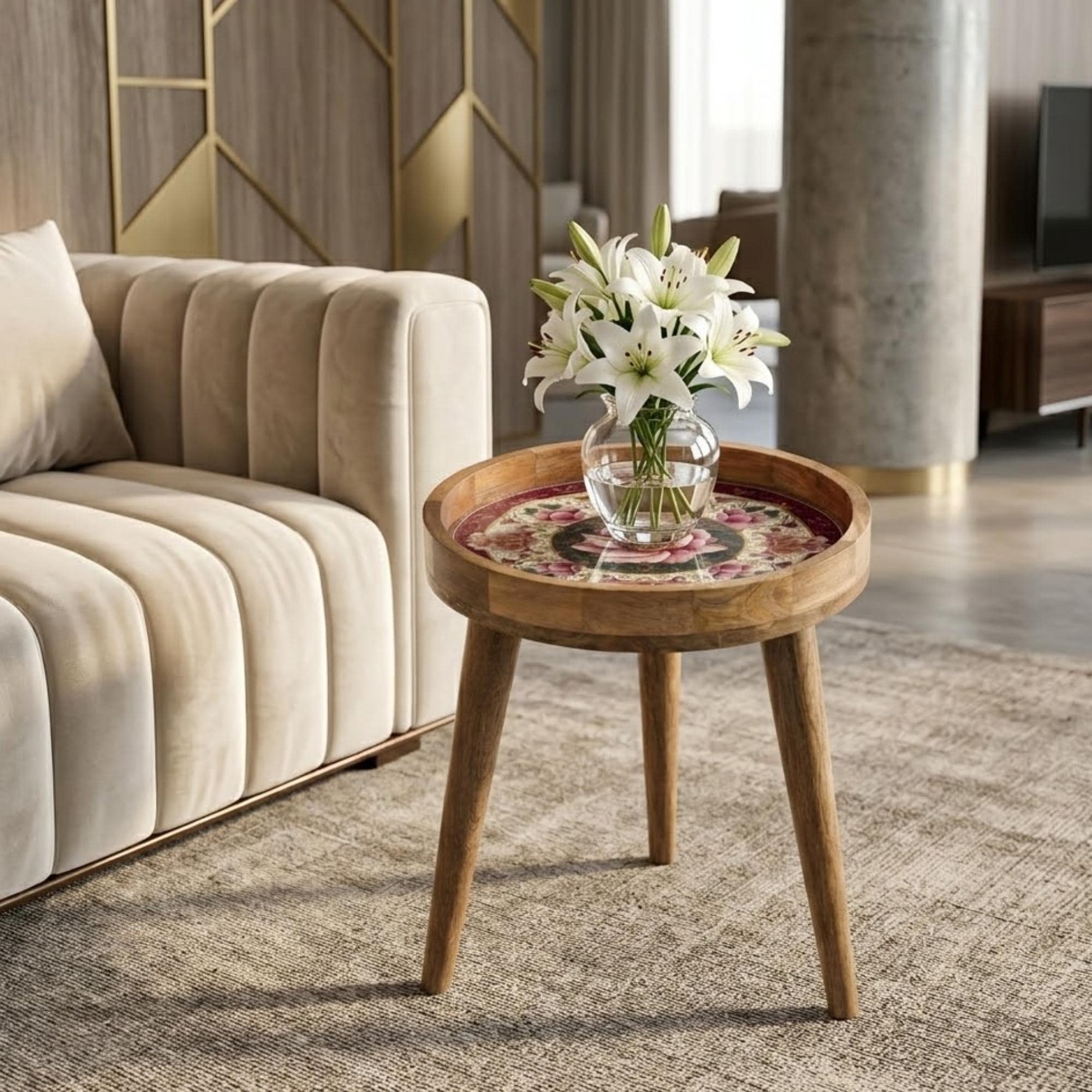 Pink Floral Mango Wood Side Table | Vintage Boho Accent Furniture, Handmade Decor
