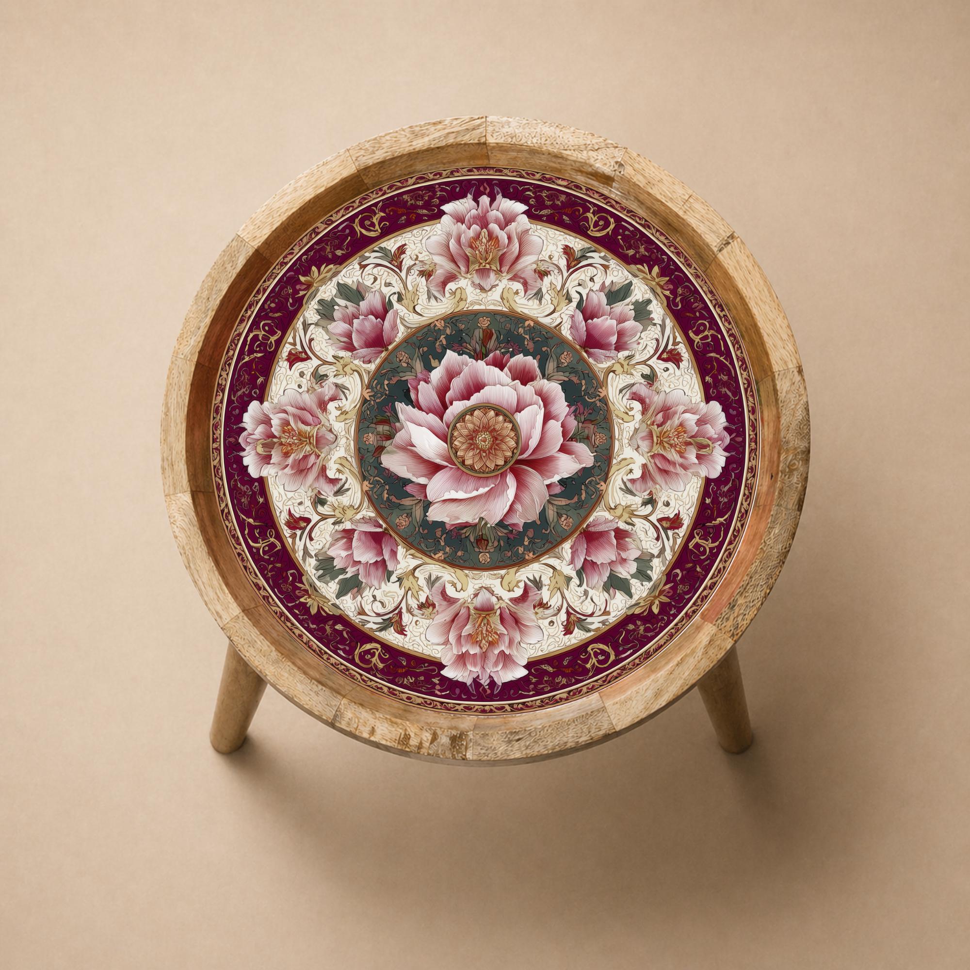 Pink Floral Mango Wood Side Table | Vintage Boho Accent Furniture, Handmade Decor
