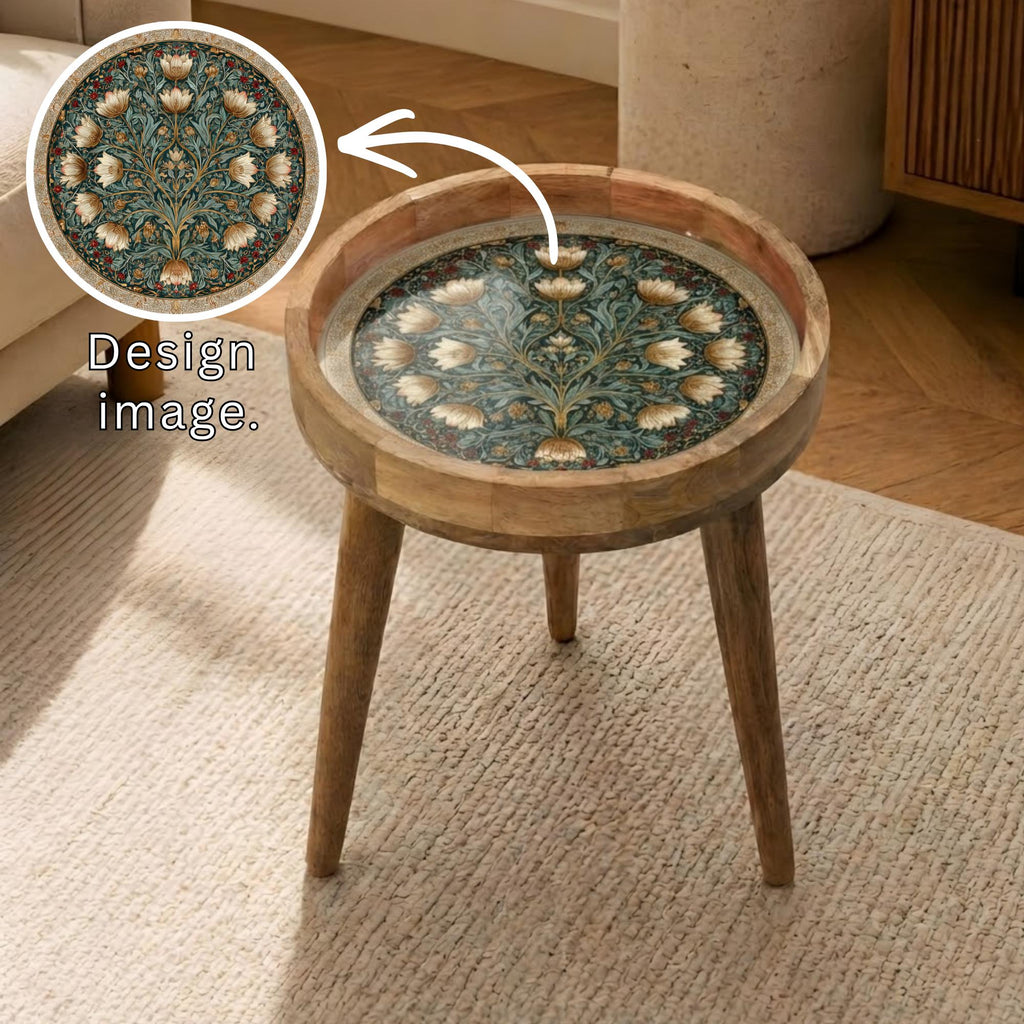Vintage Floral Mango Wood Side Table | Handmade Botanical Accent Furniture