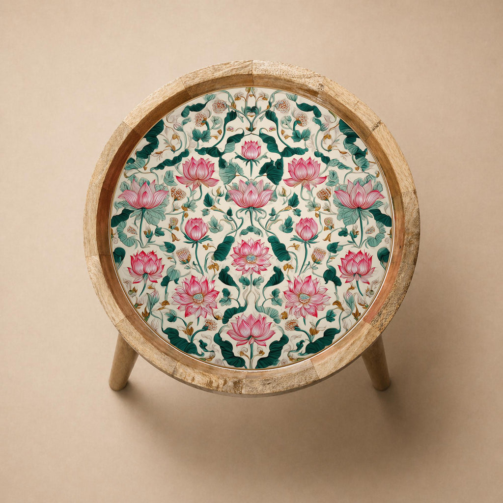 Lotus Floral Mango Wood Side Table | Printed Botanical Boho Accent Furniture