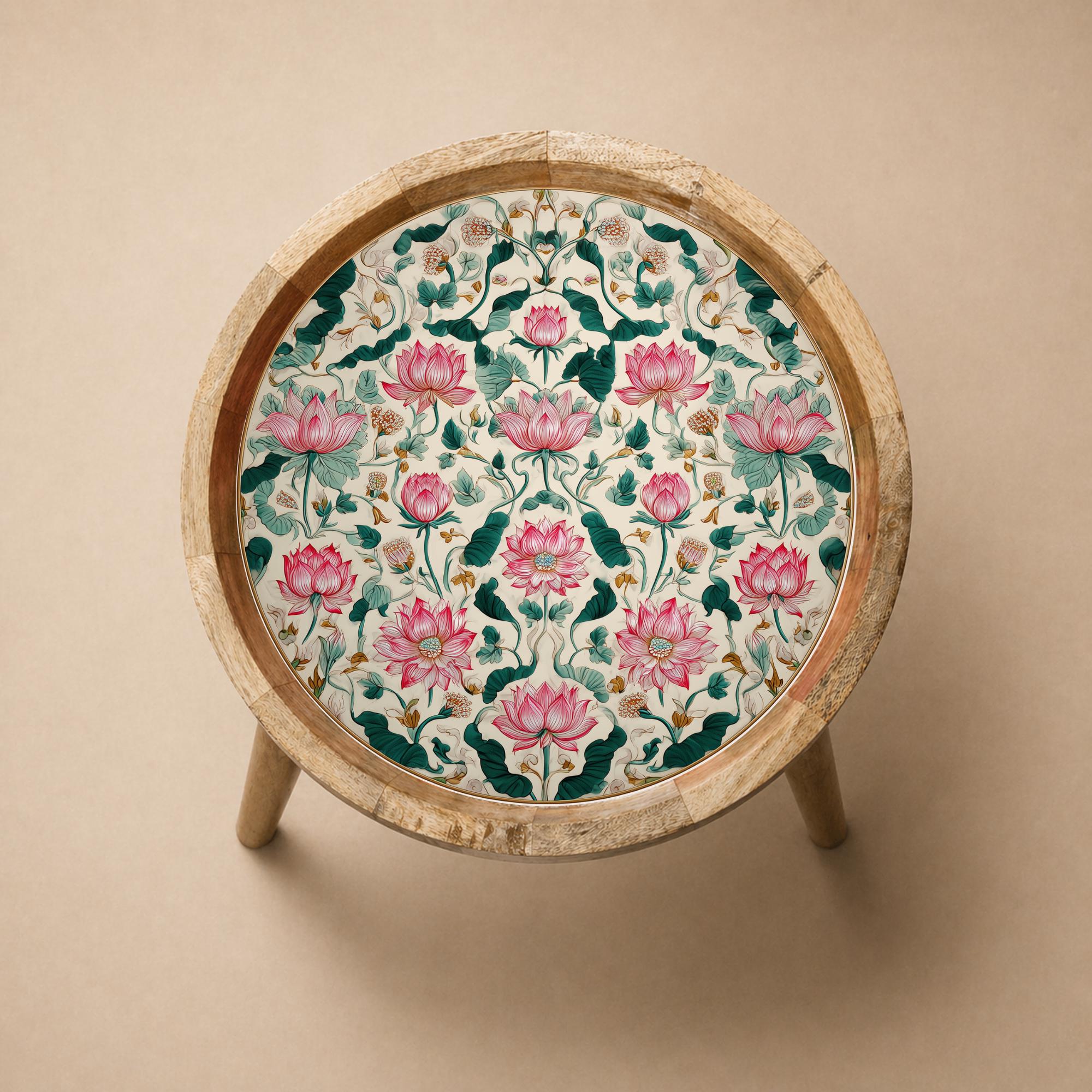 Lotus Floral Mango Wood Side Table | Printed Botanical Boho Accent Furniture