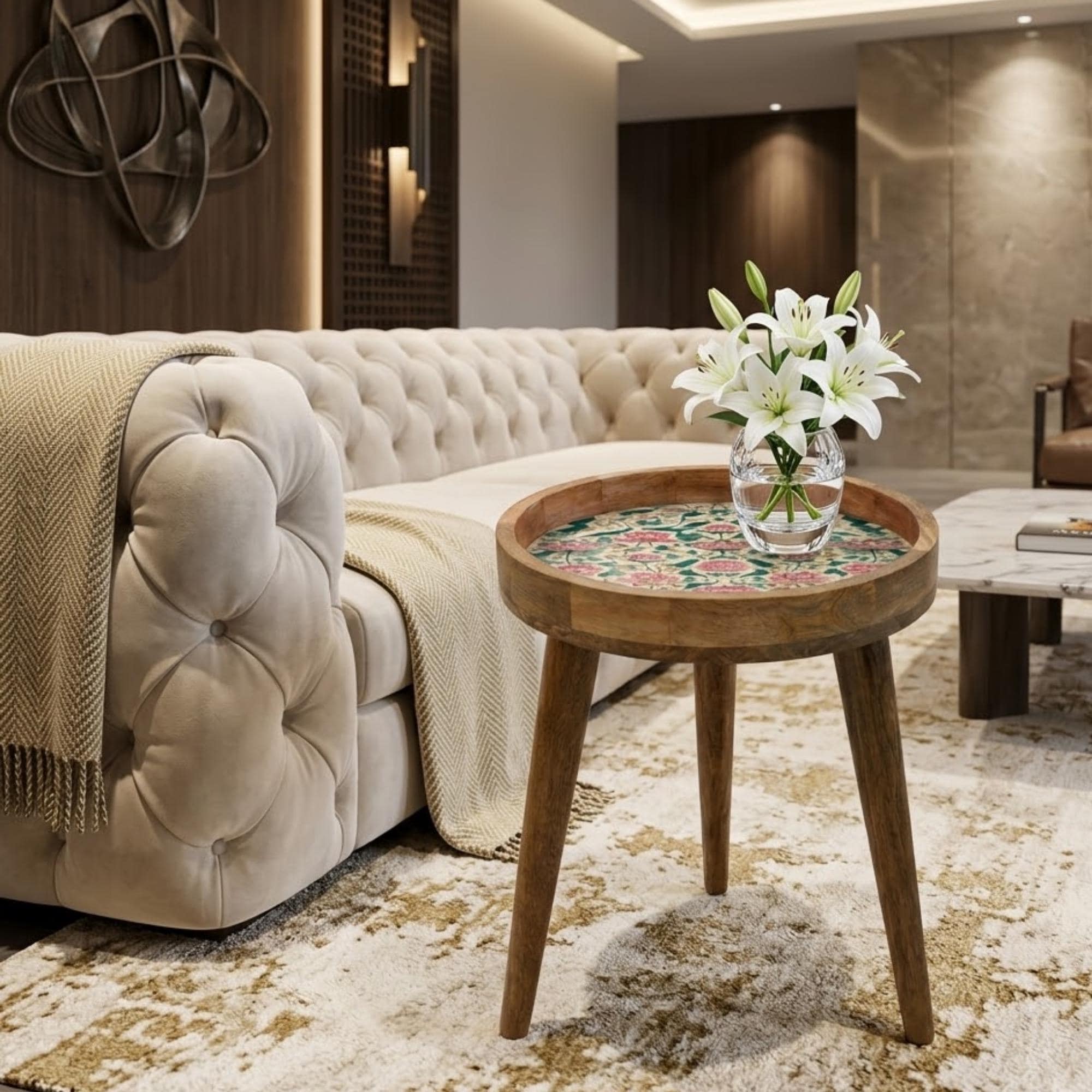 Lotus Floral Mango Wood Side Table | Printed Botanical Boho Accent Furniture