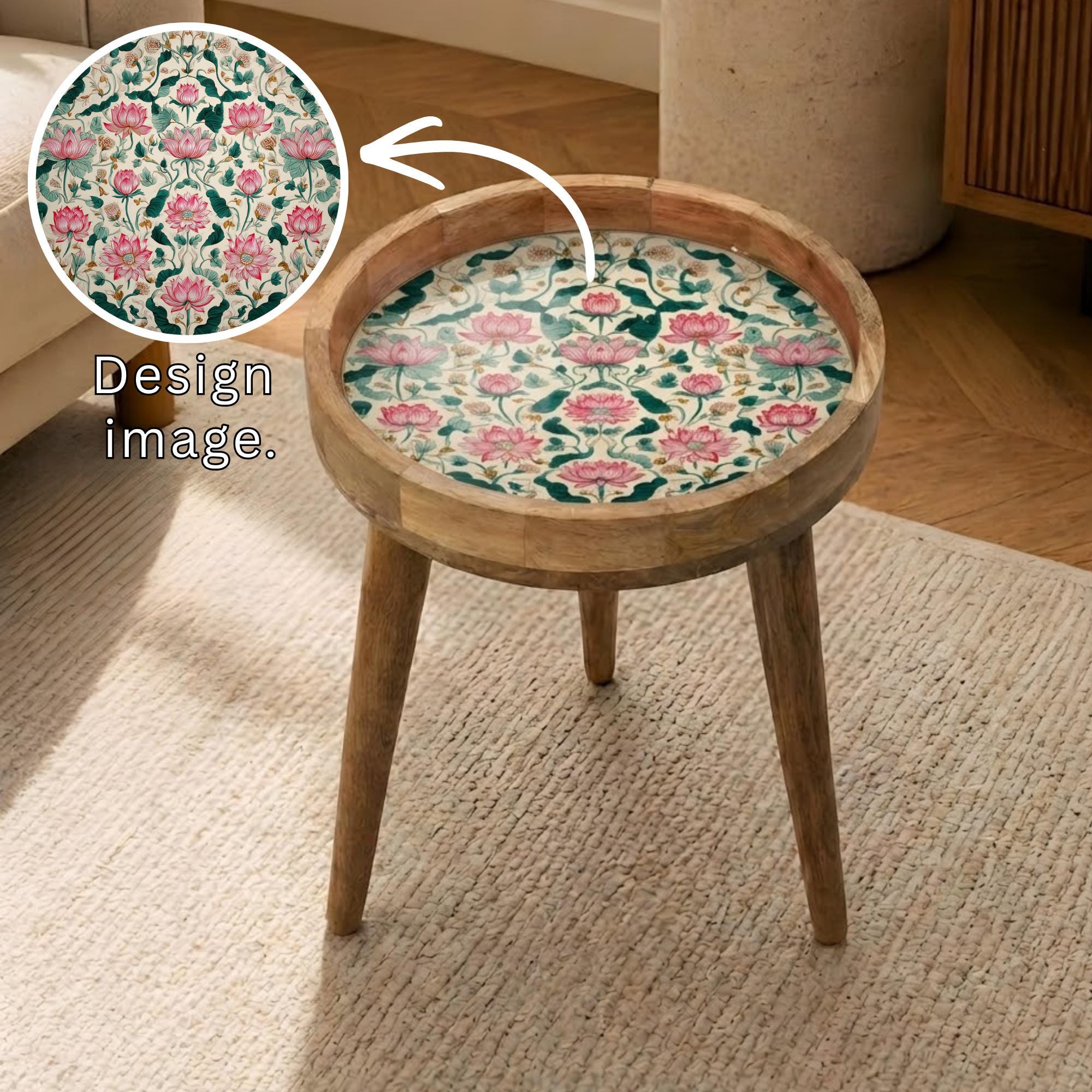 Lotus Floral Mango Wood Side Table | Printed Botanical Boho Accent Furniture