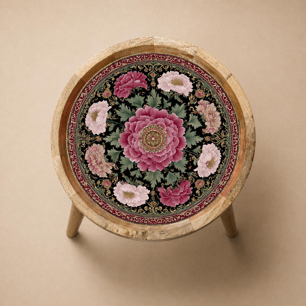 Floral Mango Wood Side Table | Pink Peony Printed Accent Furniture | Boho Living Room Decor