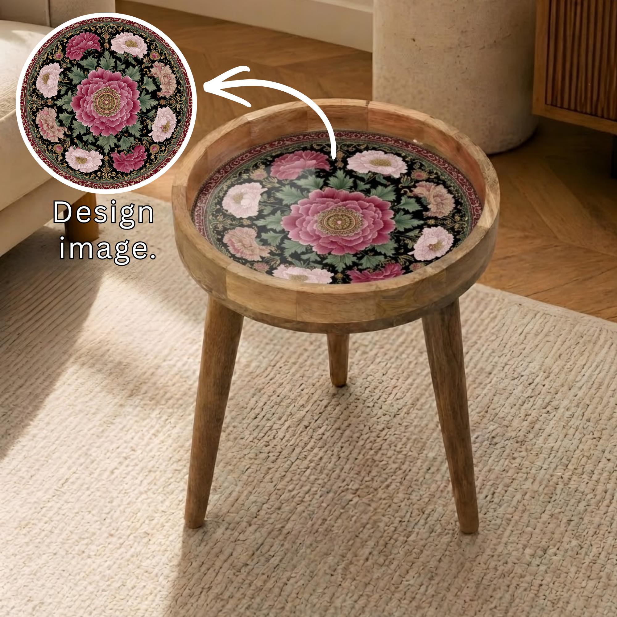 Floral Mango Wood Side Table | Pink Peony Printed Accent Furniture | Boho Living Room Decor