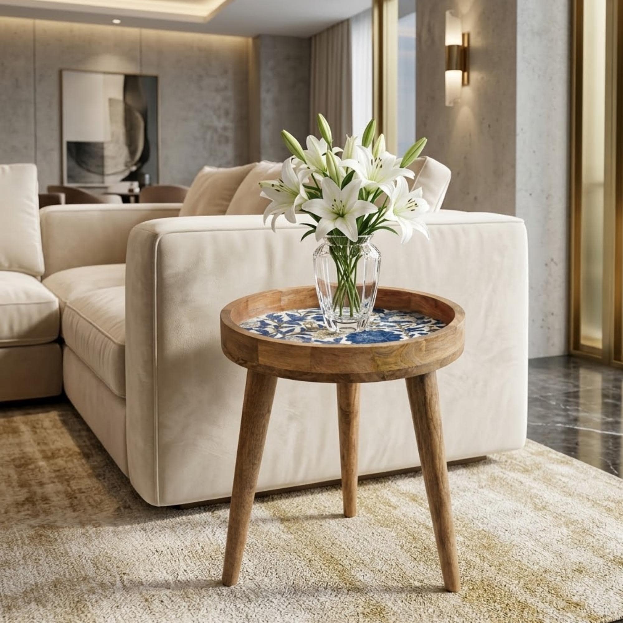 Blue Floral Mango Wood Side Table | Botanical Printed Accent Furniture