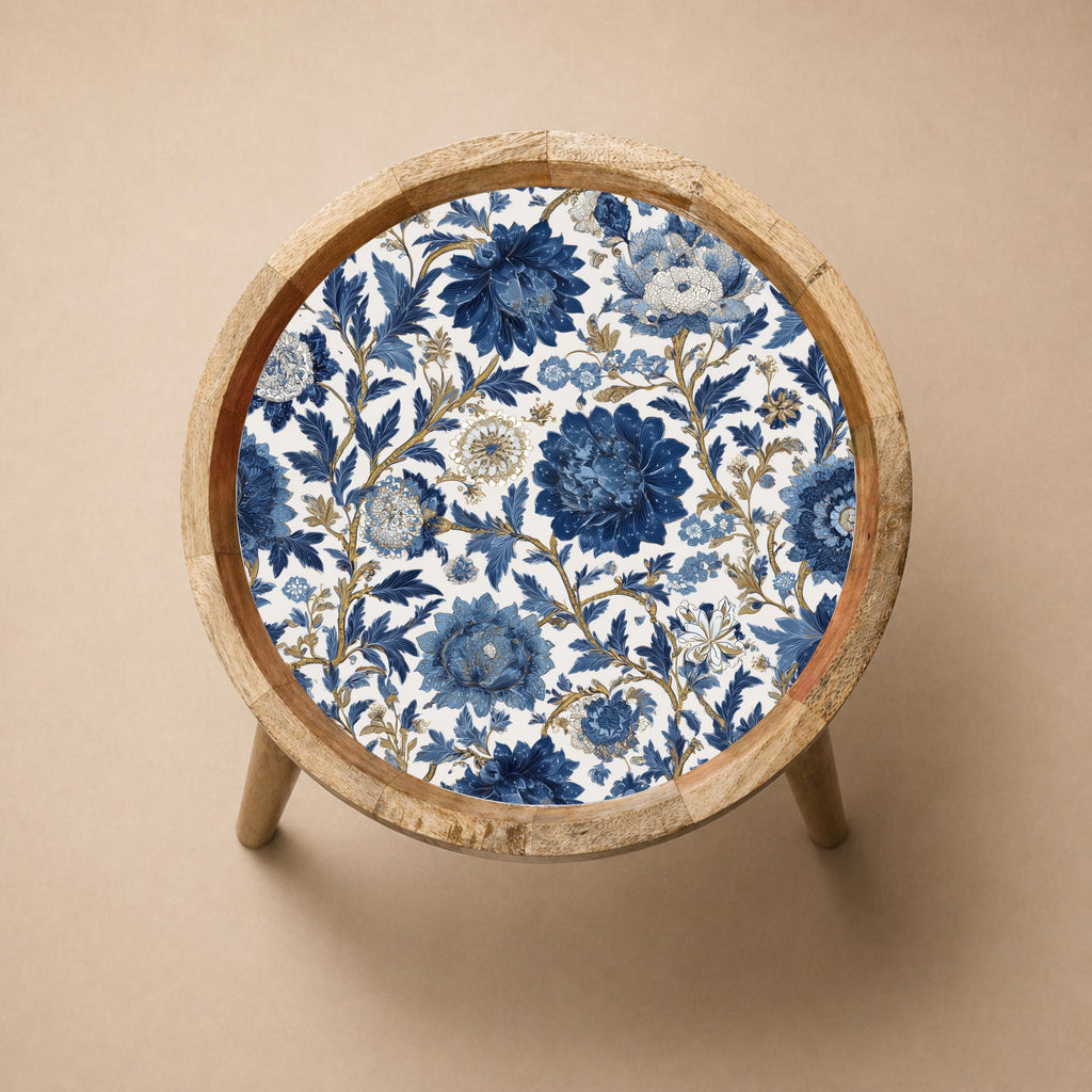 Blue Floral Mango Wood Side Table | Botanical Printed Accent Furniture