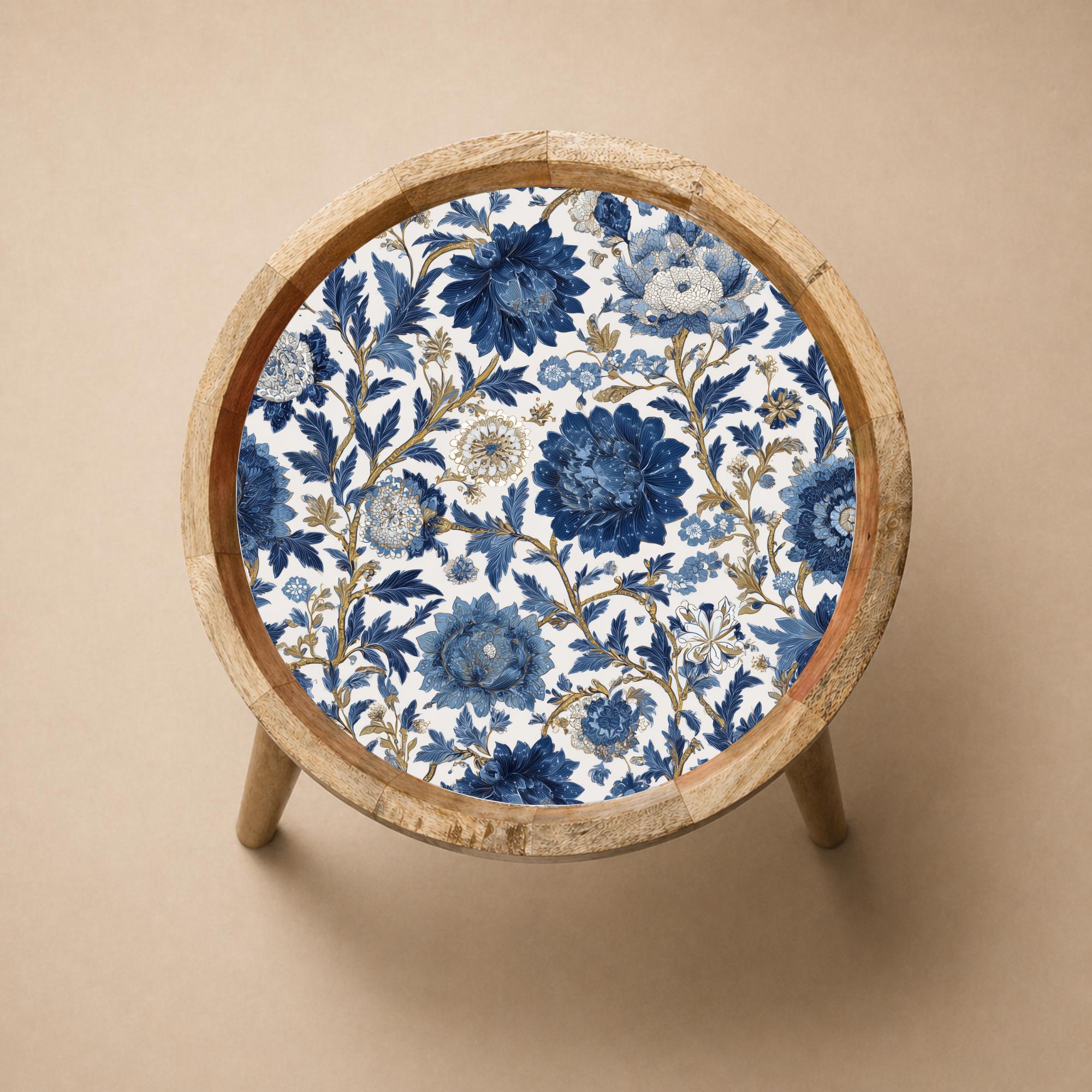 Blue Floral Mango Wood Side Table | Botanical Printed Accent Furniture