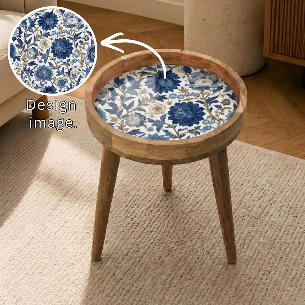 Blue Floral Mango Wood Side Table | Botanical Printed Accent Furniture