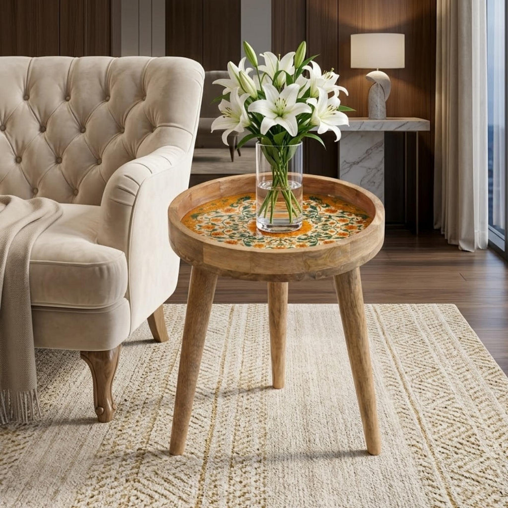 Orange Floral Mango Wood Side Table | Boho Botanical Accent Furniture